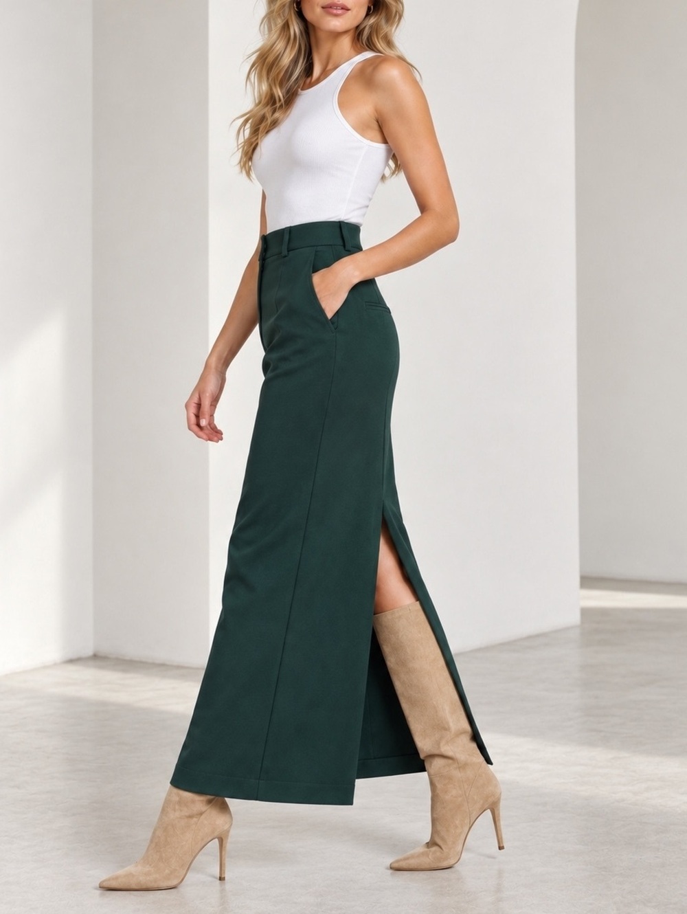 ARITZIA Babaton Maxi Skirt Green High Rise Back Slit Office Siren Tailored SZ 2